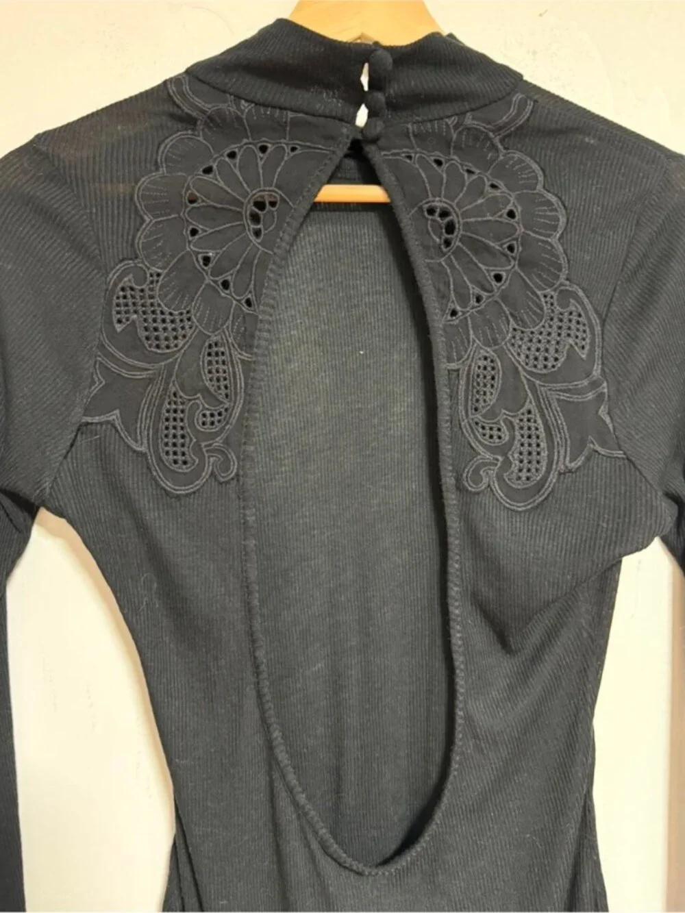 Free People Black Ribbed Mock Neck Open Back Lace Trim Bodysuit Large